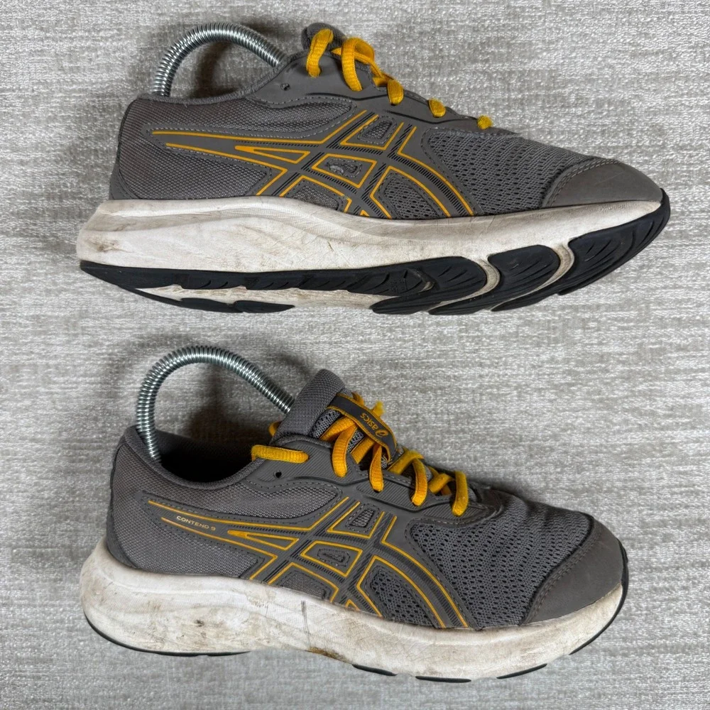 Asics Contend 9 Kids Size 5 Grey Yellow Mesh Athletic Running Sneakers